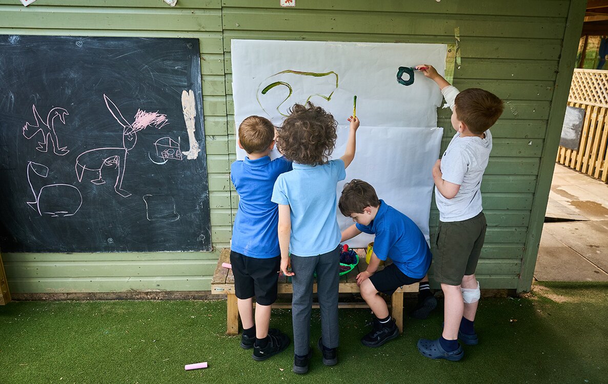 group of children painting on paper on a wall