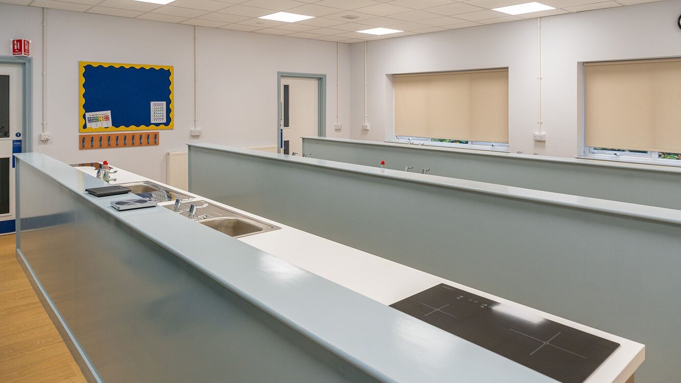 individual work stations in a food tech class room