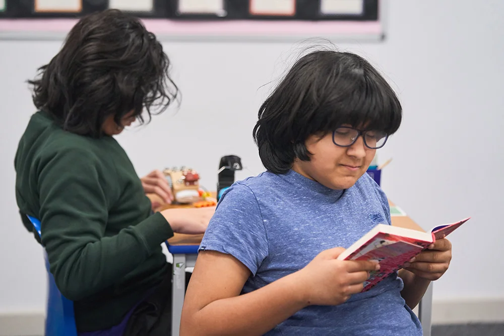 Two pupils reading in class
