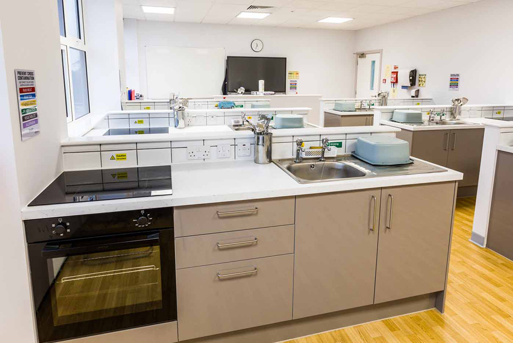 individual workstations in the food tech kitchen